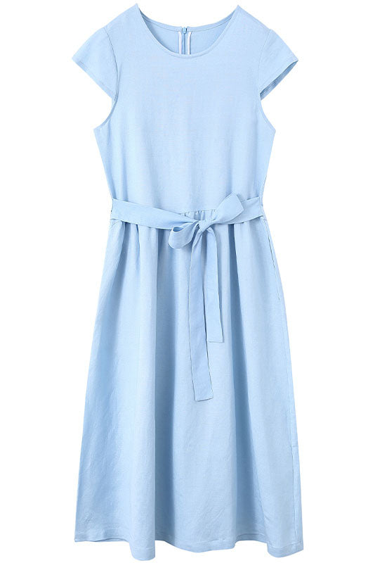 Women Summer Light Blue Cotton Linen Dress C2896