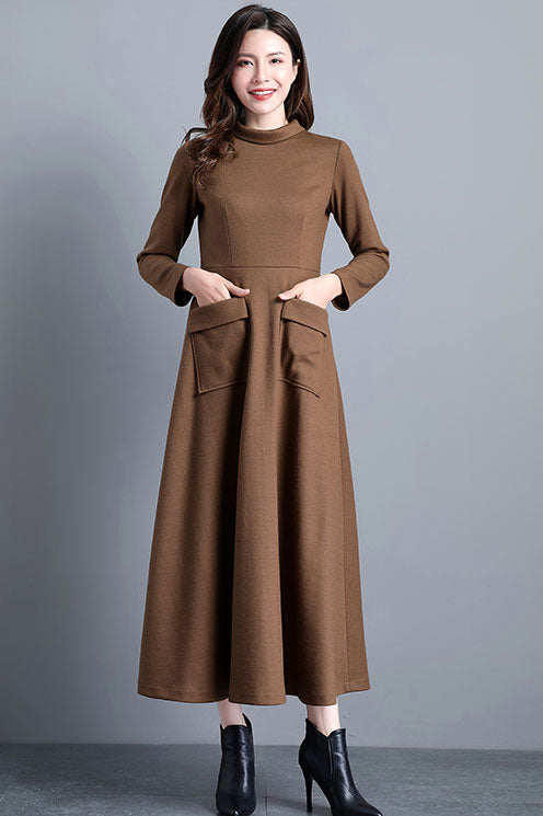 Camel Wool dress, Long maxi wool dress with pockets C2533