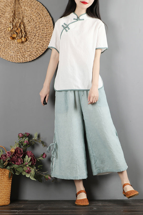 White Cotton Linen Wide Leg Pants - Elastic Waist, Side Pockets C2879