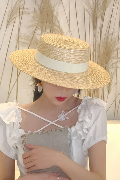 Flat Top Hat Women's Summer Straw Hat Woven Beach Hat C2906