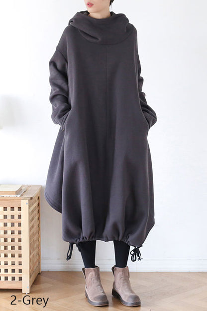 Warm Black Maxi Hooded Sweatshirt Dress, Asymmetrical Long Dress C2506