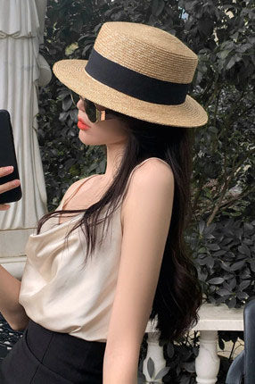 Flat Top Hat Women's Summer Straw Hat Woven Beach Hat C2906