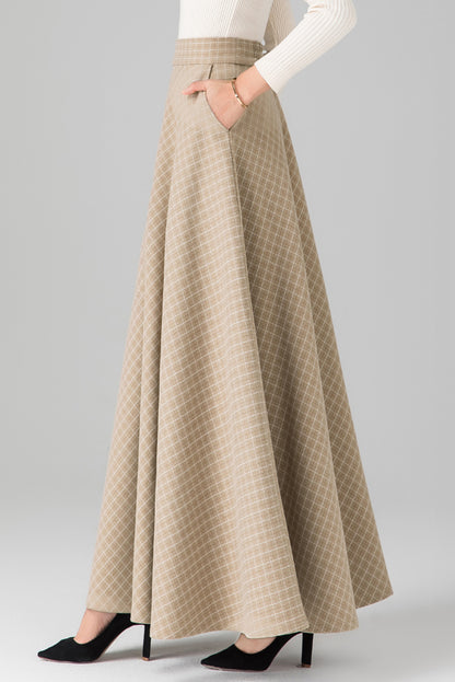 Khaki Plaid Maxi Wool Skirt C3127
