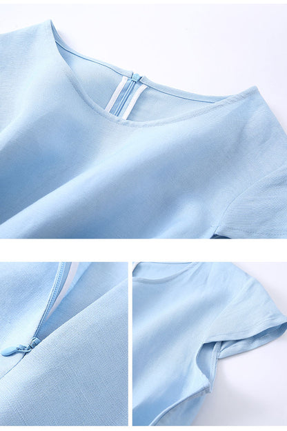 Women Summer Light Blue Cotton Linen Dress C2896