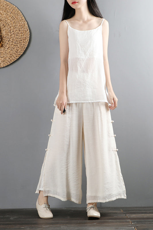 Light Purple Cotton Linen Wide Leg Pants - Elastic Waist, Side Pockets C2883