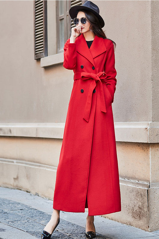 Red wool coat, Long wool coat for women C2525