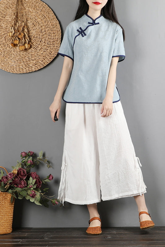 White Cotton Linen Wide Leg Pants - Elastic Waist, Side Pockets C2879