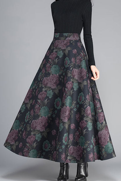 Vintage Inpsired Floral Wool Maxi Skirt C2473