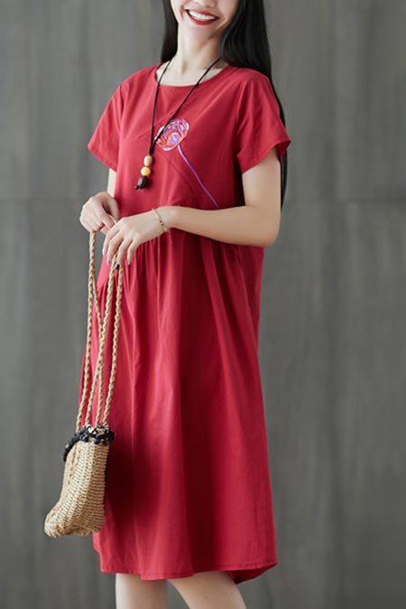 Red Linen Midi Dress with Loose Fit and Round Neckline – YLISTYLE
