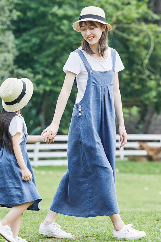 Spring Summer Women Blue Linen Suspender Midi Dress C2904