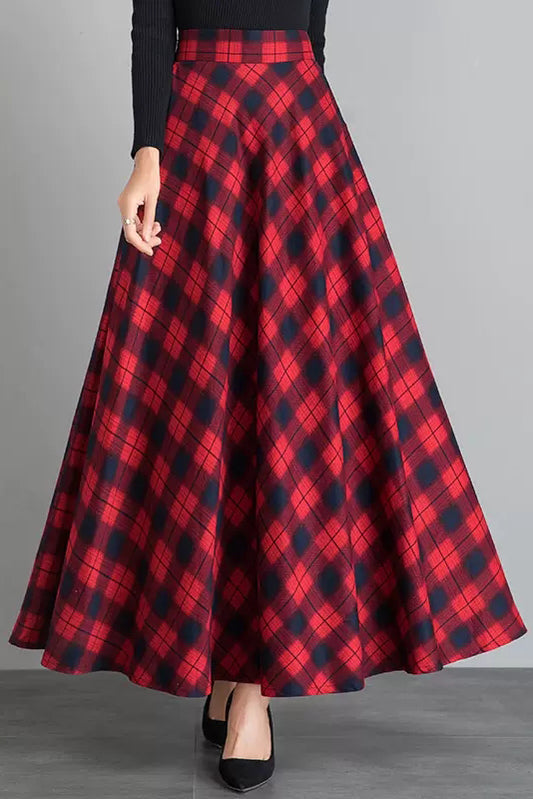 Autumn Red Plaid Wool Skirt C3105