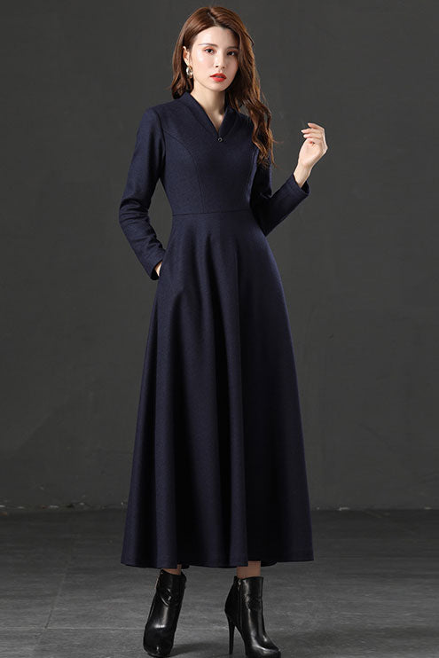 Long maxi wool dress, Fit and Flare wool dress C2535