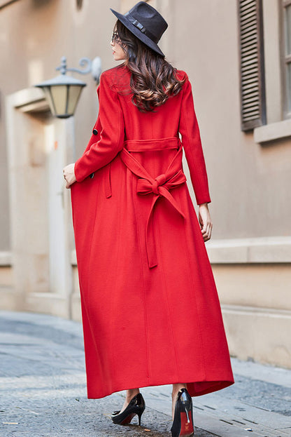 Red wool coat, Long wool coat for women C2525