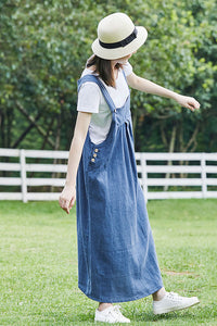 Spring Summer Women Blue Linen Suspender Midi Dress C2904