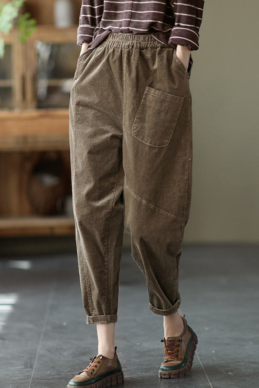 Women Elastic Waist Corduroy Pants C2951