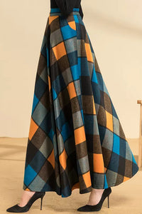 Long Casual Plaid Wool Skirt C3129