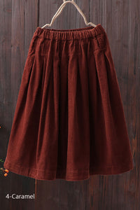 Red Pleated Midi Corduroy Skirt C2505