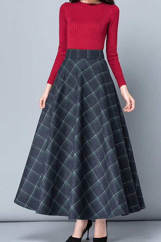 Elegant A Line Back Elastic Waist Plaid Wool Skirt C2491