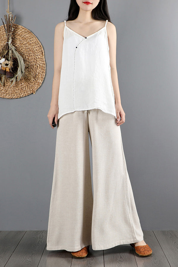 White Cotton Linen Wide Leg Pants - Elastic Waist Comfort C2878