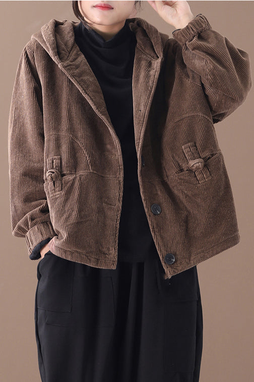 Coffee Hooded Winter Warm Corduroy Coats C2983