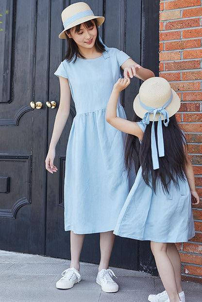Women Summer Light Blue Cotton Linen Dress C2896