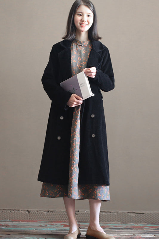 Black Long Corduroy Coat C2450