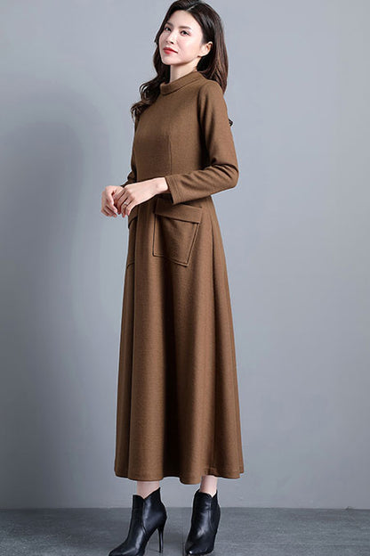 Camel Wool dress, Long maxi wool dress with pockets C2533
