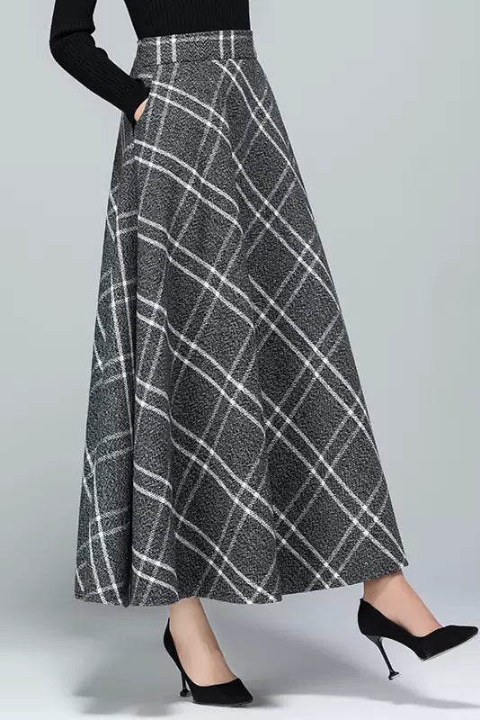 Autumn Gray Plaid Wool Skirt C3133