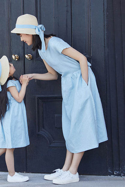 Women Summer Light Blue Cotton Linen Dress C2896