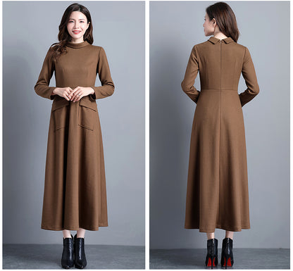 Camel Wool dress, Long maxi wool dress with pockets C2533