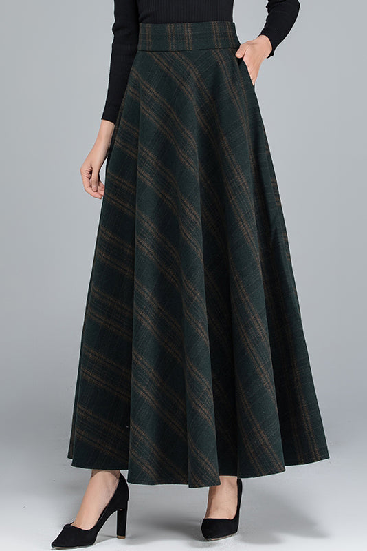 A-Line Plaid Maxi Wool Skirt C3115