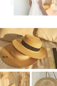 Flat Top Hat Women's Summer Straw Hat Woven Beach Hat C2906