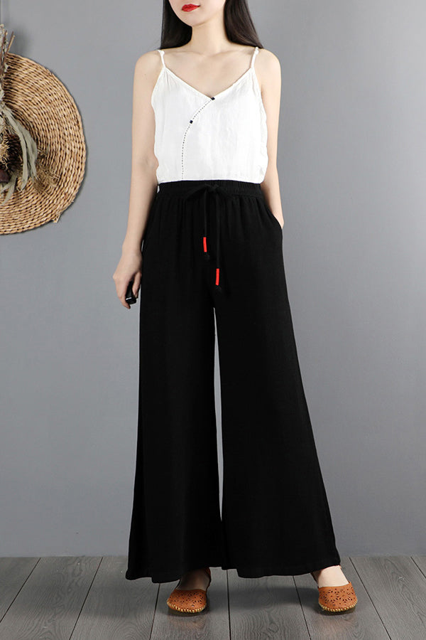 White Cotton Linen Wide Leg Pants - Elastic Waist Comfort C2878