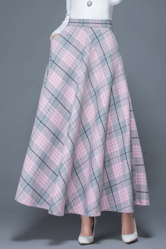 Women Pink Plaid Wool Skirt C3117