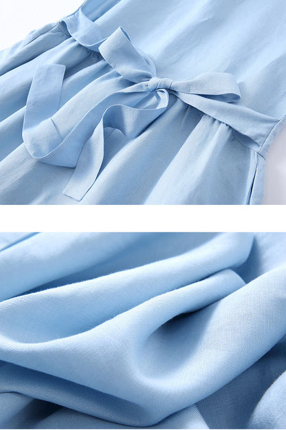 Women Summer Light Blue Cotton Linen Dress C2896