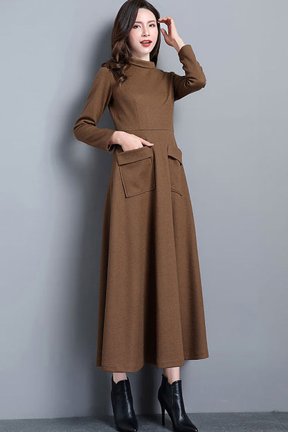 Camel Wool dress, Long maxi wool dress with pockets C2533