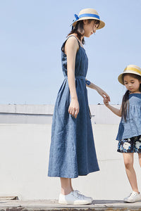 Women Dark Blue Summer Sleeveless Midi Linen Dress C2903