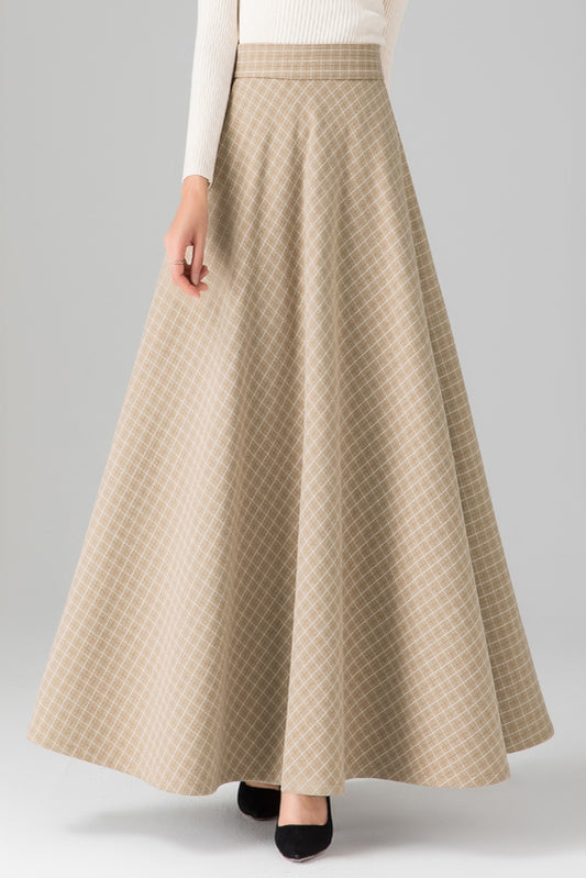 Khaki Plaid Maxi Wool Skirt C3127
