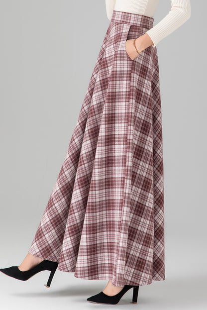High Waist Long Plaid Wool Skirt C3121