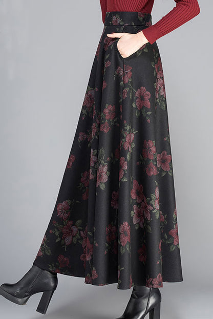 Vintage Inpsired Floral Wool Maxi Skirt C2473