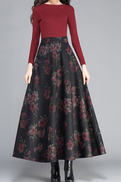 Vintage Inpsired Floral Wool Maxi Skirt C2473