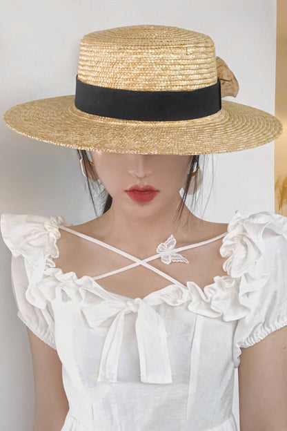 Flat Top Hat Women's Summer Straw Hat Woven Beach Hat C2906