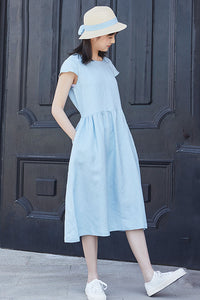 Women Summer Light Blue Cotton Linen Dress C2896