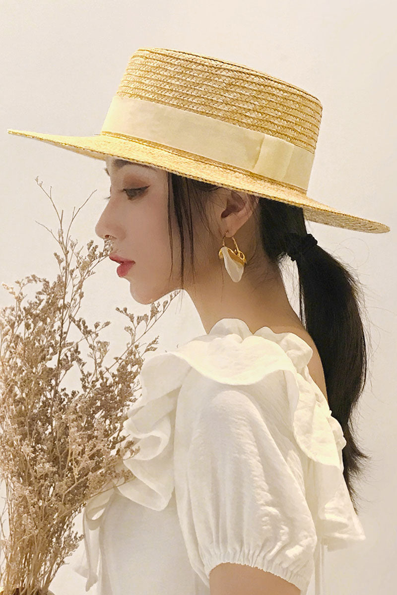 Flat Top Hat Women's Summer Straw Hat Woven Beach Hat C2906