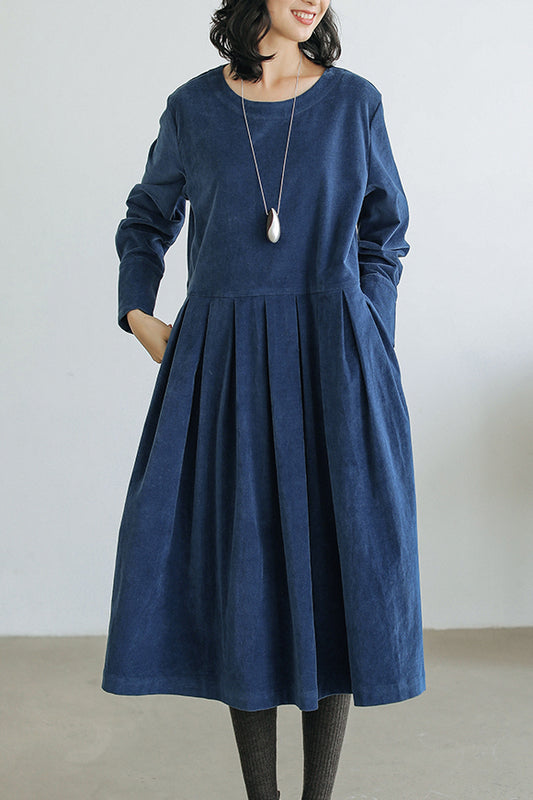 Women Autumn Corduroy Midi Dress C2980