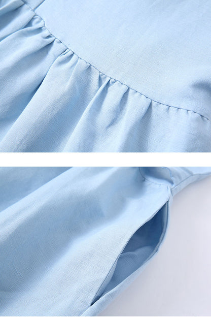 Women Summer Light Blue Cotton Linen Dress C2896
