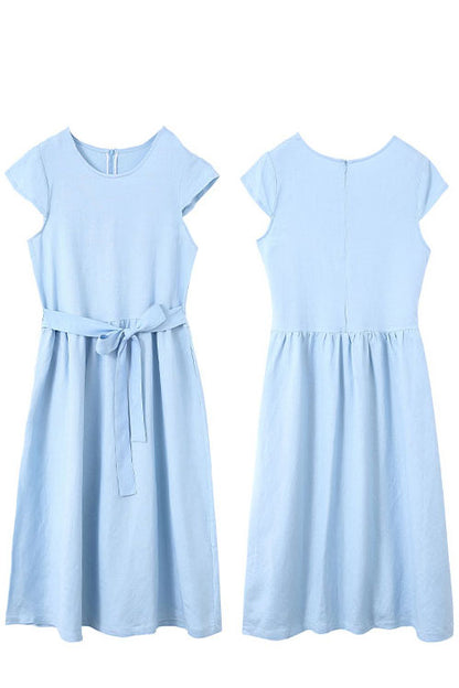 Women Summer Light Blue Cotton Linen Dress C2896