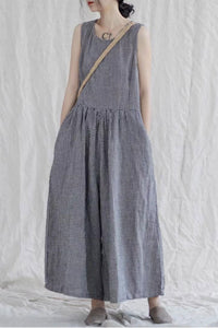 Casual Black Plaid Sleeveless Cotton Linen Jumpsuits C2379