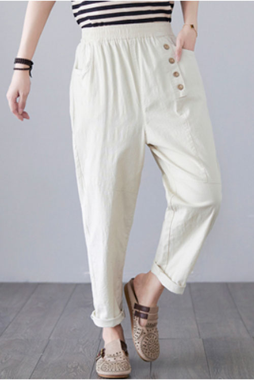 Casual Beige Tapered Linen Pants For Women C2258#YY05134