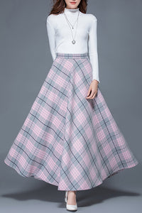 Women Pink Plaid Wool Skirt C3117